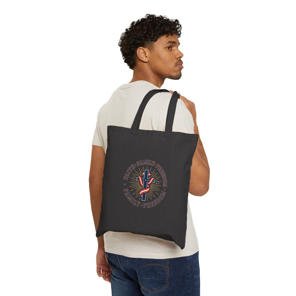 Faith • Family • Freedom Cross Tote Bag | Patriotic, Faith-Based, Vintage Americana