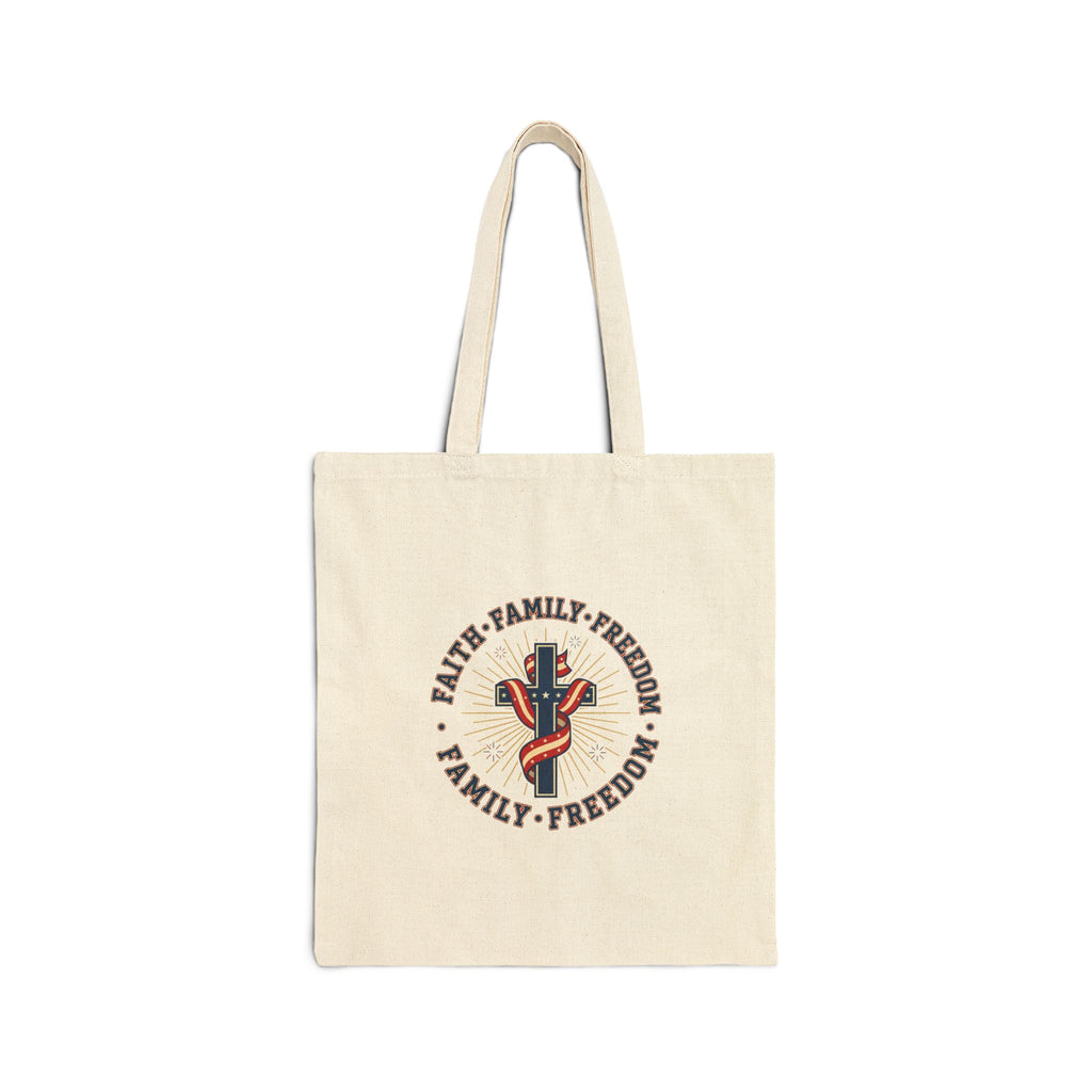 Faith • Family • Freedom Cross Tote Bag | Patriotic, Faith-Based, Vintage Americana