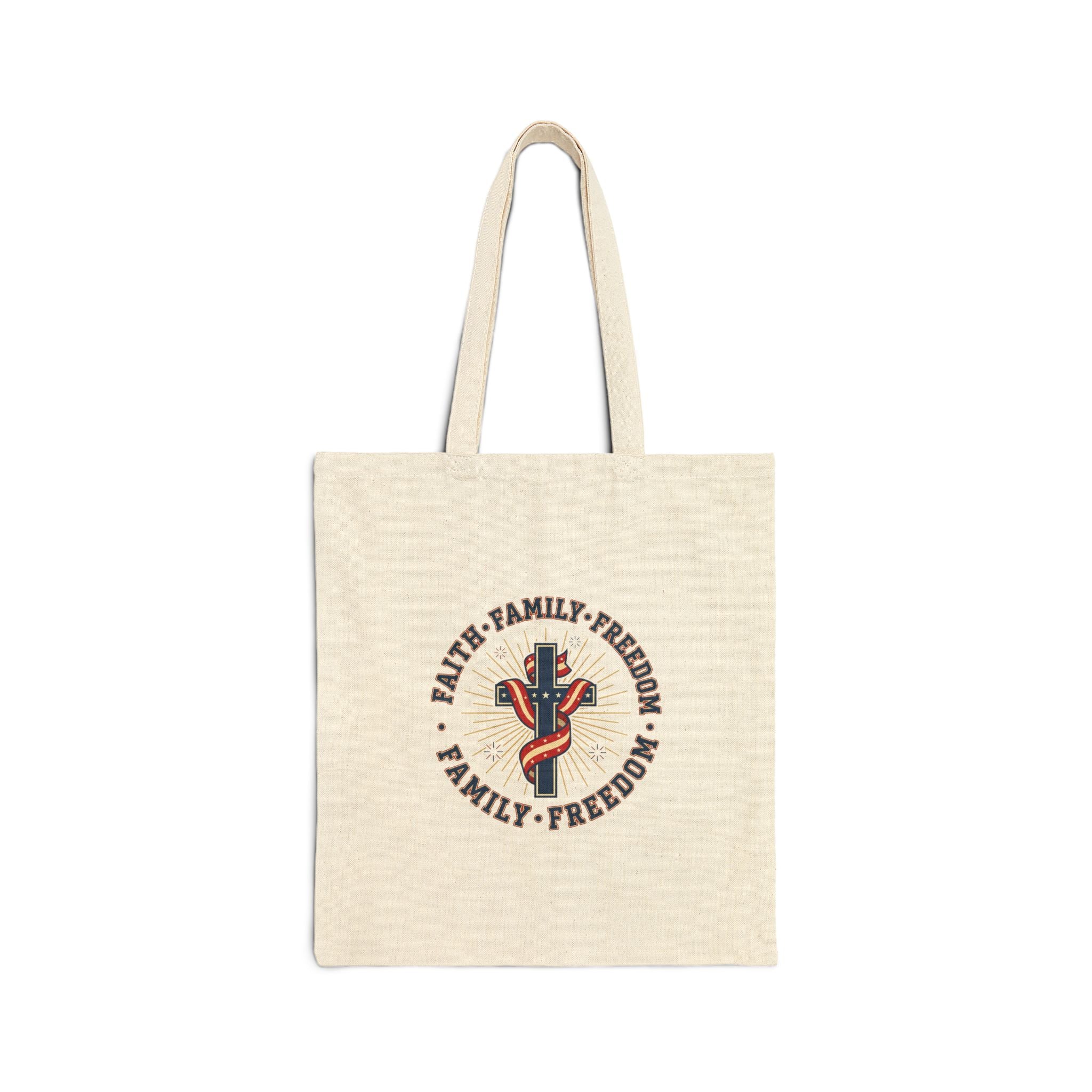 Faith • Family • Freedom Cross Tote Bag | Patriotic, Faith-Based, Vintage Americana