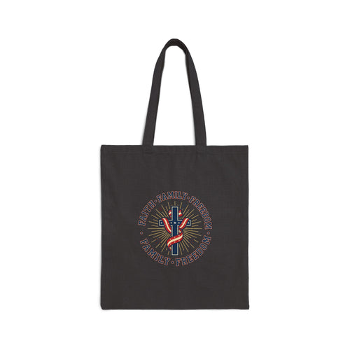 Faith • Family • Freedom Cross Tote Bag | Patriotic, Faith-Based, Vintage Americana